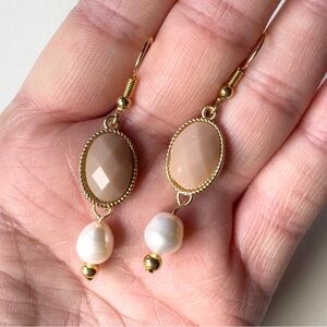 Blush Bead & Pearl Drop Earrings | Upcycled | Gold Stainless Steel Hooks